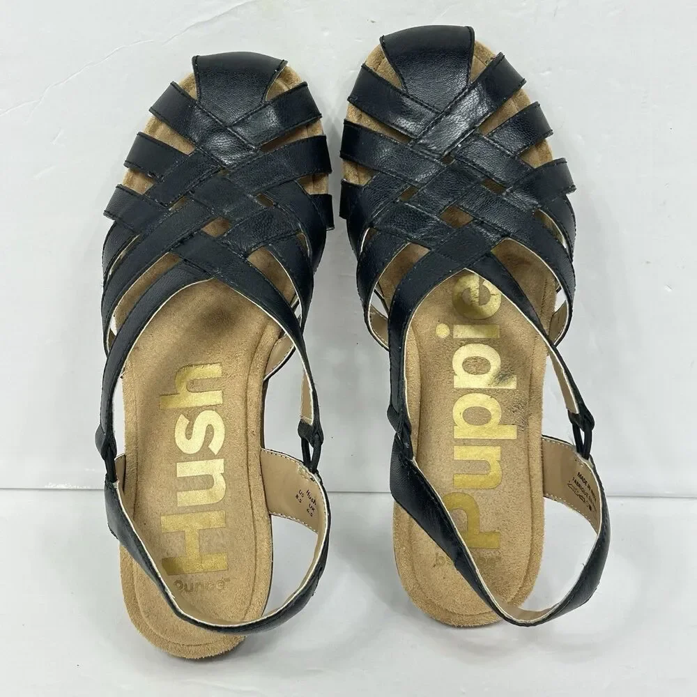 Hush Puppies Ridley Bounce Sandals 8.5 Black Leather Fisherman Strappy HPW10487